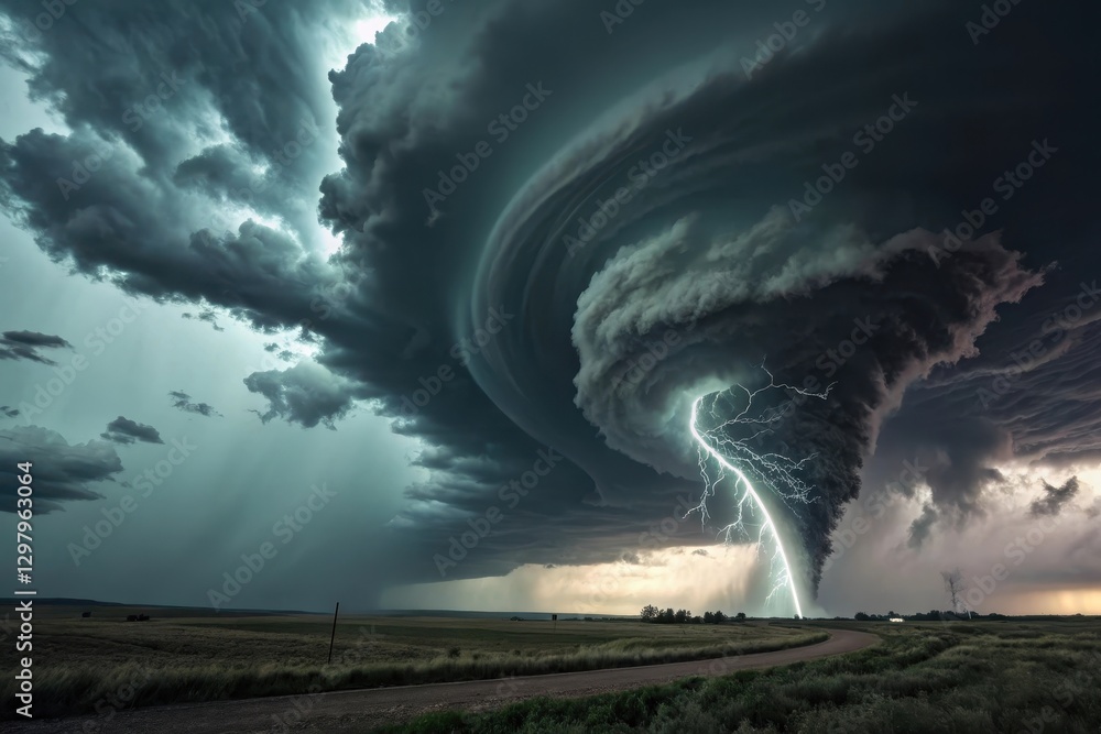 Poster nature unleashes its fury with a stunning tornado illuminated by lightning in a stormy sky over wide
