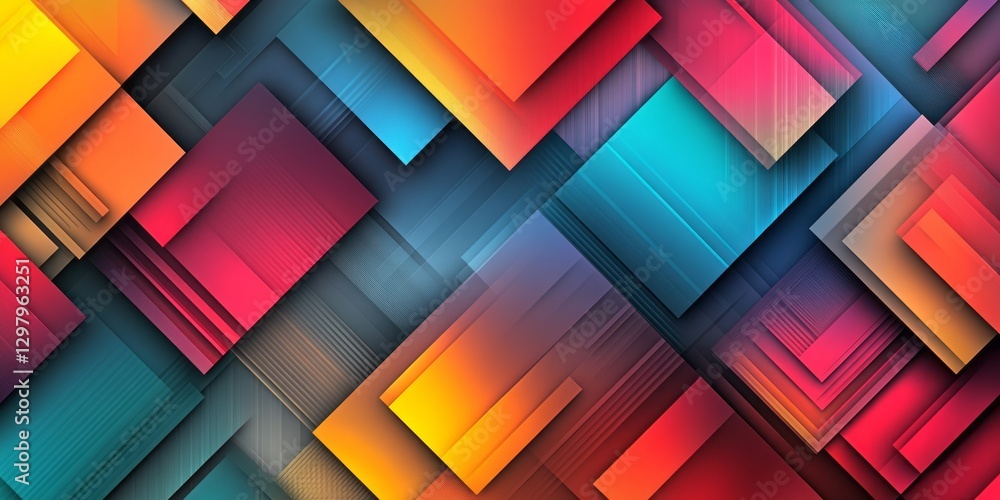 Poster geometric composition with overlapping squares and triangles abstract design