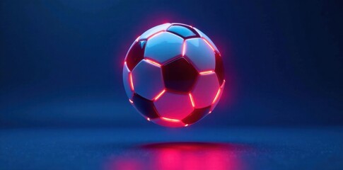 Naklejka premium Glowing neon colored soccer ball suspended in mid air over blue background with subtle motion blur, glowing sphere, electronic ambiance , urban atmosphere