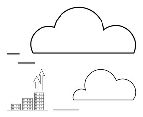 Cloud outline above stacks of data with upward arrows denoting progress and scalability. Ideal for tech growth, data storage, business innovation, cloud hosting, analytics, finance, abstract line