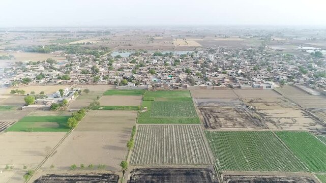 Aerial drone shot of farming lands in India.
