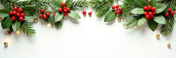Gold garlands with mistletoe and red berries draped over evergreen branches on a neutral white background, branches, festive, evergreen