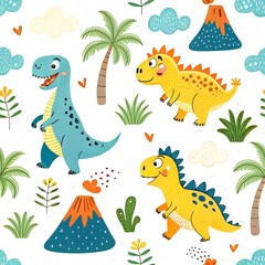 Adorable cartoon dinosaurs tropical paradise seamless pattern design fun cute kids baby blue palm