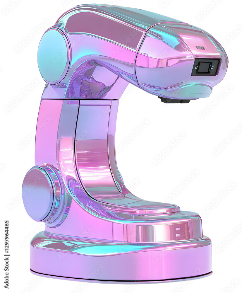 Poster futuristic holographic robotic arm with iridescent reflective surface, advanced ai technology and au