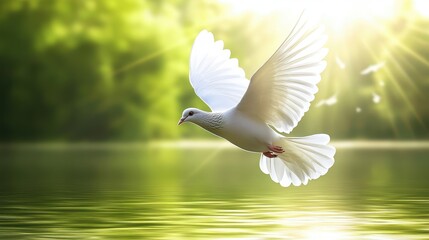 Fototapeta premium Graceful White Dove in Flight Over Calm Reflecting Water Surface