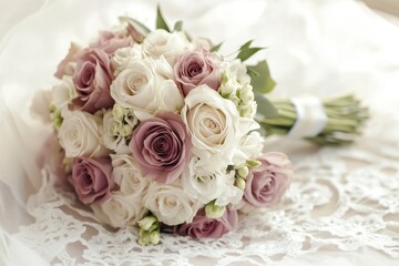 Beautiful bridal bouquet featuring white and lavender roses on lace backdrop for a romantic wedding setting. Generative AI