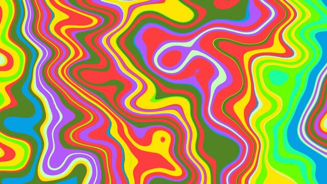 Abstract art - liquid psychedelic pattern of neon rainbow colored curved lines. Moving yellow, green, pink zebra pattern background. Modern groovy screen saver, creative reel, 60s, 70s trippy visual