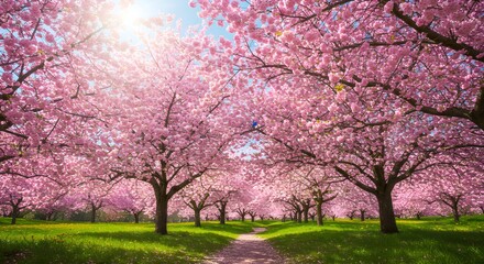 Blooming cherry blossom trees in park with sunlit pink flowers and green grass. Spring landscape for Hanami festival, Mother's Day, Easter. Nature beauty path view