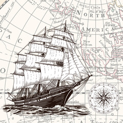 An old sailing ship on the sea waves against the background of an old North America map.