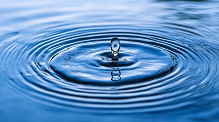 Water Droplet on Surface Creating Ripples and Reflections in Blue