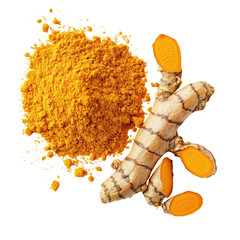 Turmeric powder and turmeric root isolated on transparent background,