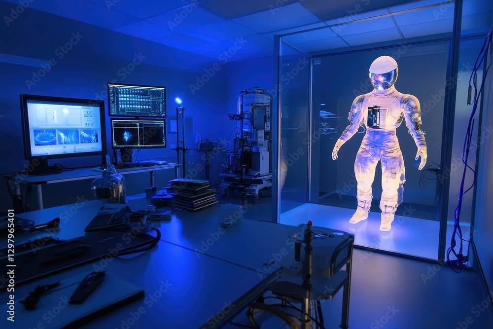 Poster futuristic astronaut display in a high-tech laboratory showcasing advanced research and innovation i