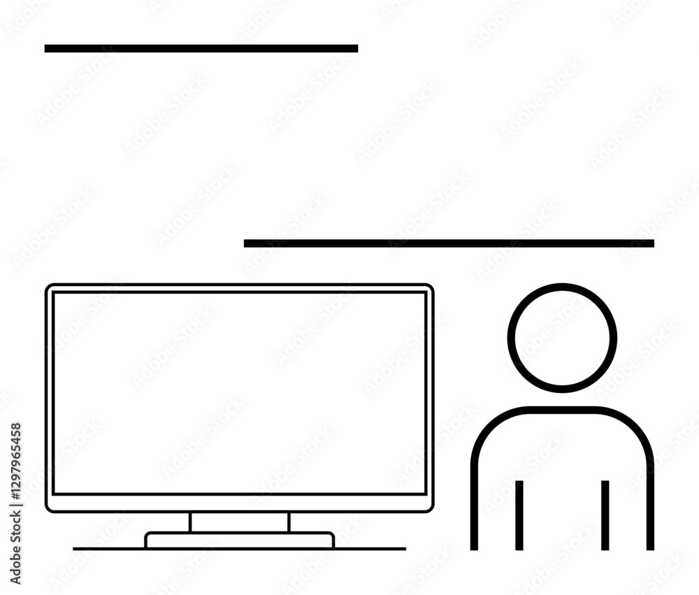 Poster line art of a person next to a computer screen. ideal for technology, education, remote work, coding
