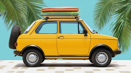 Fototapeta premium Summer escape yellow car with surfboards on the roof tropical vibe adventure awaits for the journey to paradise lifestyle