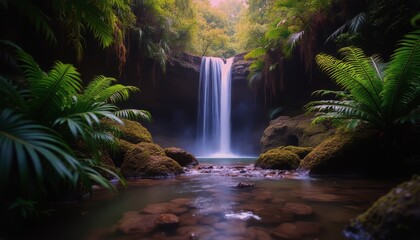 Serene Waterfall Landscape Lush Tropical Paradise