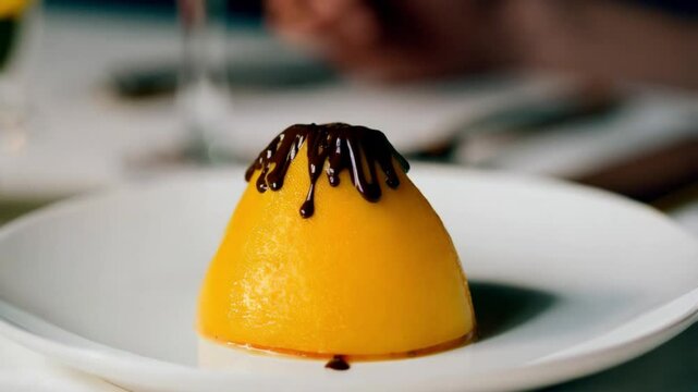 Luxurious lucuma dessert with chocolate drizzle, elegant presentation on white plate, soft, dreamy lighting
