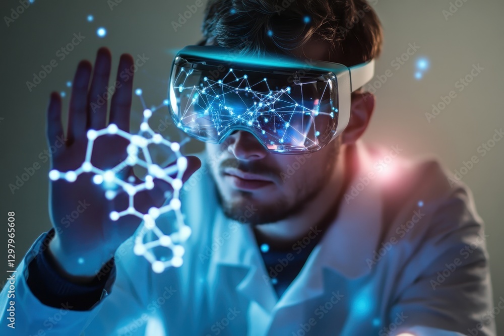 Poster innovative scientist explores virtual reality while examining molecular structures in a high-tech la