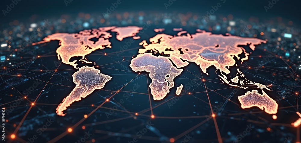 Poster world map interconnected by network lines global business communication, technology distribution, lo