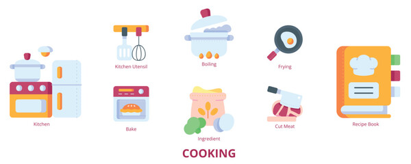 Cooking Flat Banner Web Icon Set Vector Illustration, Kitchen Recipe Book Ingredient Kitchen Utensil Frying Boiling Bake Cut Meat