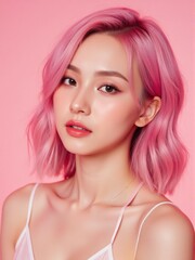 Fototapeta premium close-up of a woman's face, showcasing medium wavy pink-dyed hair, creative makeup, and glossy lips, with a seductive expression against a soft pink background.