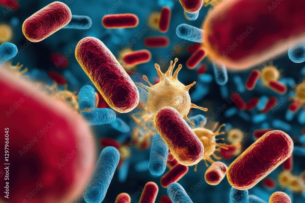 Aufkleber colorful representation of microscopic life showcasing bacteria and microorganisms interacting in a 