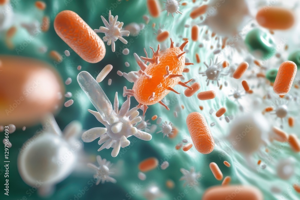 Poster exploring the vibrant and diverse world of microscopic organisms interacting in a dynamic environmen