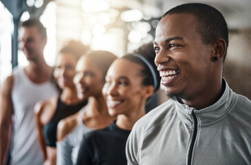 Personal trainer, fitness and man with friends in gym for workout, exercise and training in sports...