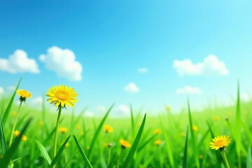 Obraz premium Green dandelions swaying in a field under blue sky, sunny day, sky, flowers