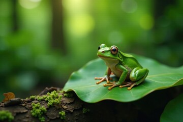 Obraz premium Green frog perched on a leaf in a forest clearing , frog, clearing, wildlife