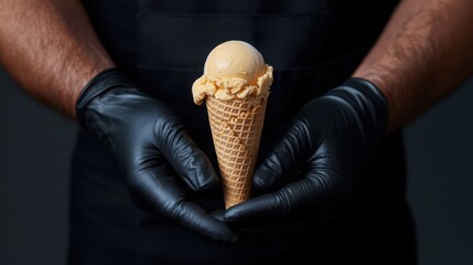 An ice cream cone in the hands of a man in leather gloves (non-standard contrast) 