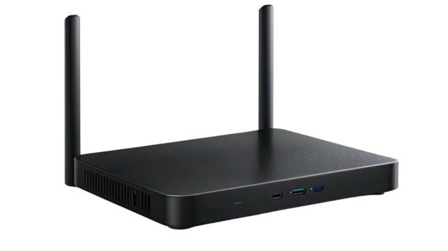 Stylish Network Router: A sleek, black router with two antennas, a symbol of modern technology, poised to connect the world.