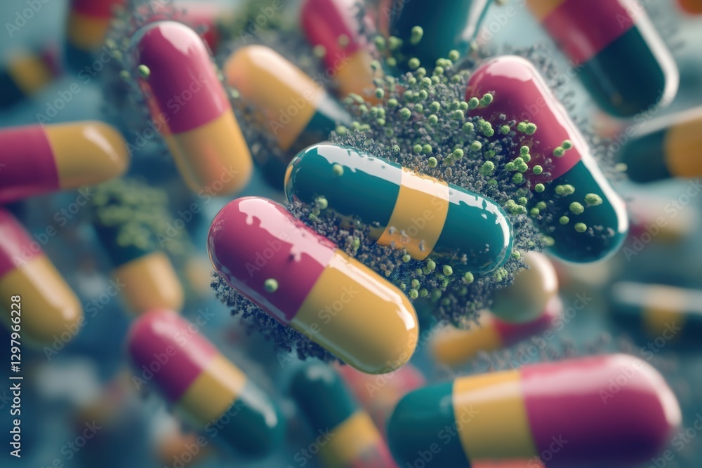 Poster exploring the dynamic interaction between colorful capsules and microscopic bacteria in a vivid abst
