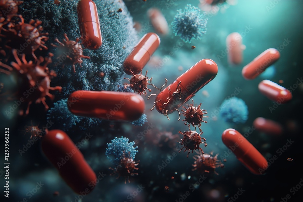 Poster red capsules interact with vibrant microbes in a surreal representation of microscopic health dynami
