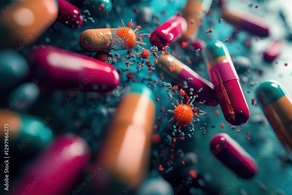 Poster vibrant representation of capsules interacting with viruses in a microscopic environment at dawn. ge