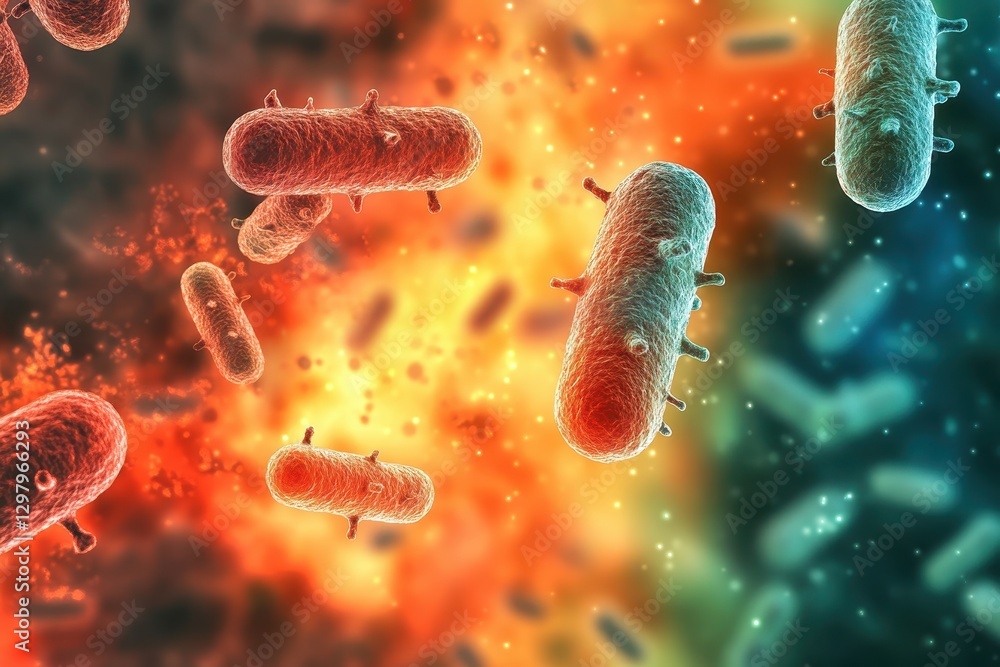 Poster vibrant microscopic view of bacteria showcasing colorful interactions in a scientific exploration of