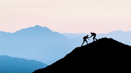 Help and assistance concept. Silhouettes of two people climbing on mountain and helping.