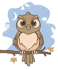 Cartoon owl on branch with puzzled expression, night sky with a crescent moon