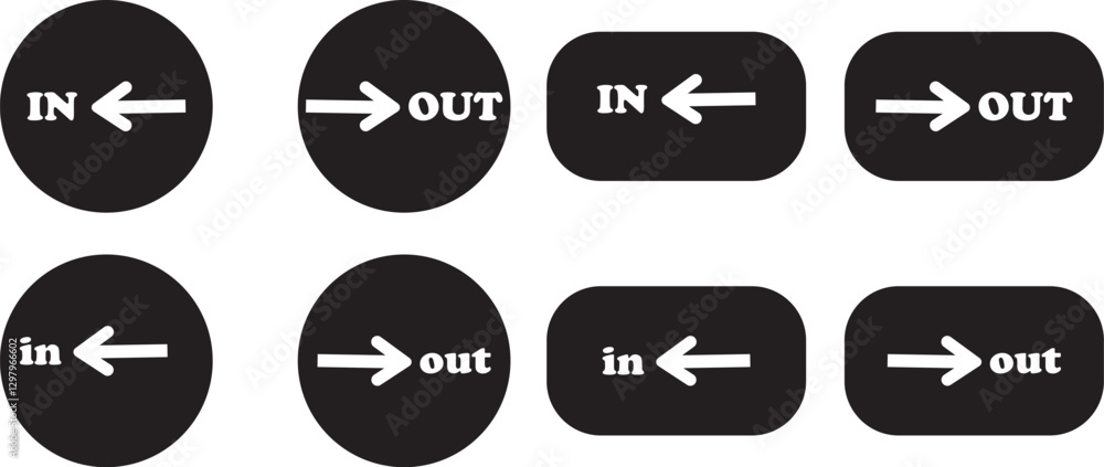 Poster in out arrow icons set. simple arrow big vector collection isolated on transparent background. red o
