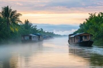 Fototapeta premium Mystical morning light illuminates tranquil waters of a river village with wooden houses and silhouettes of small boats. Generative AI