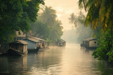 Misty morning along the serene backwaters with traditional boats and quaint houses in a tropical paradise. Generative AI