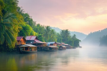 Serenity along the riverbank as mist dances around traditional wooden huts in the morning glow. Generative AI
