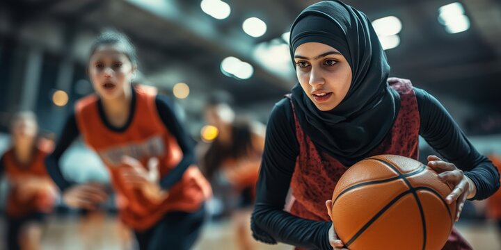 Young Middle-Eastern Female Basketball Player Demonstrating Skill in a Competitive Sports Setting, with Teammates in Training Gear in Background