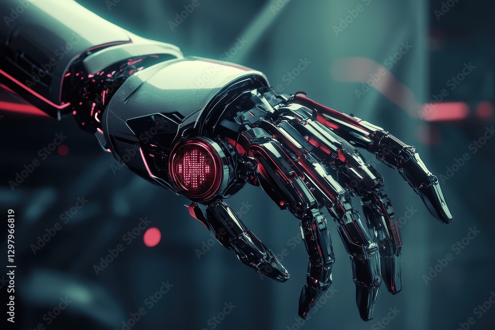 Poster futuristic robotic hand reaching out with glowing technology in a high-tech environment. generative 