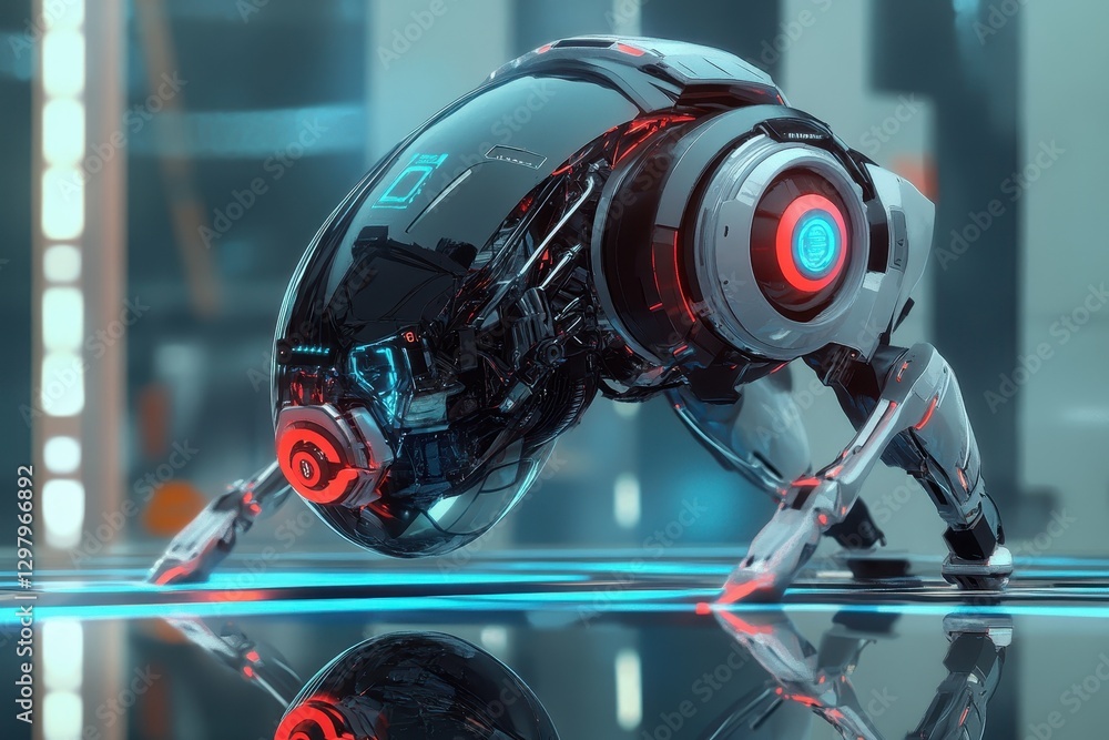 Poster futuristic robotic creature exploring a high-tech laboratory in a neon-lit environment during a digi