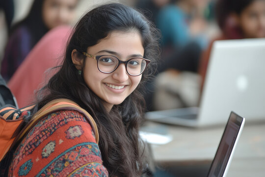 Indian woman with glasses is smiling and sitting in front of a laptop. She is wearing a red sweater and a backpack