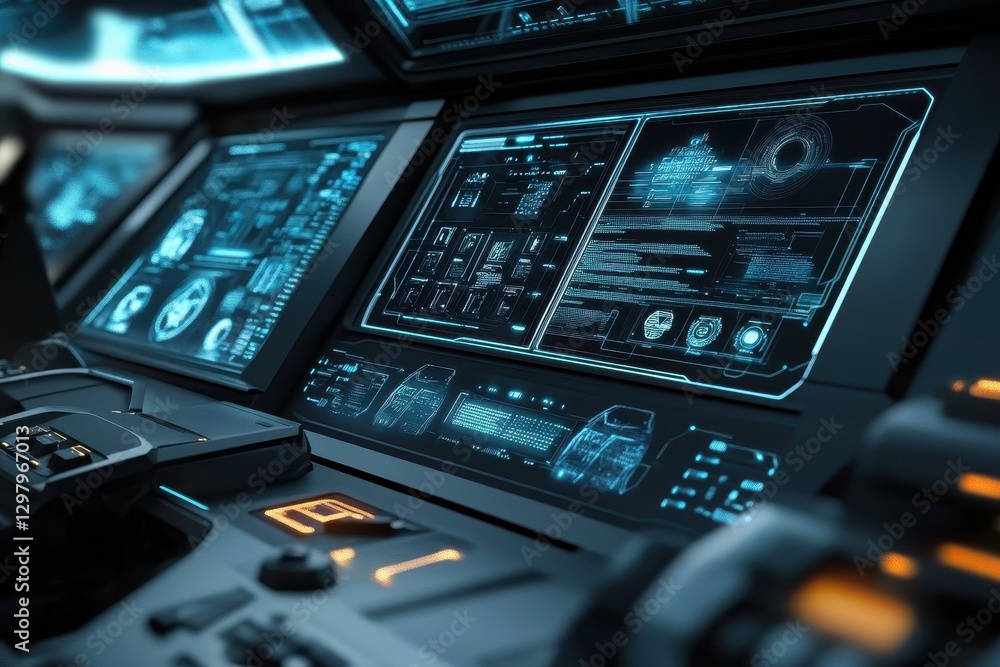 Poster futuristic control panel with glowing interfaces and intricate digital displays at a space command c
