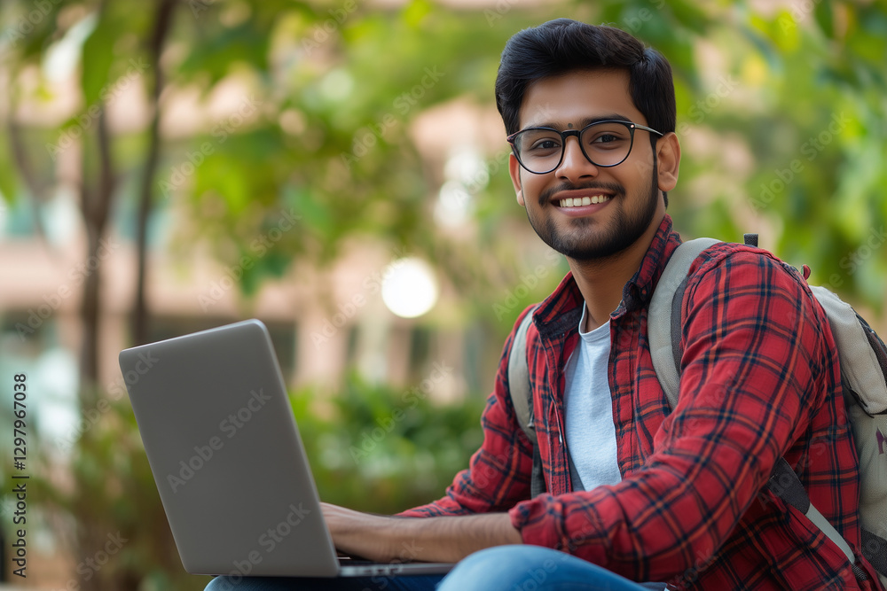 Poster indian young man is sitting on a bench with a laptop open in front of him. he is smiling and he is e
