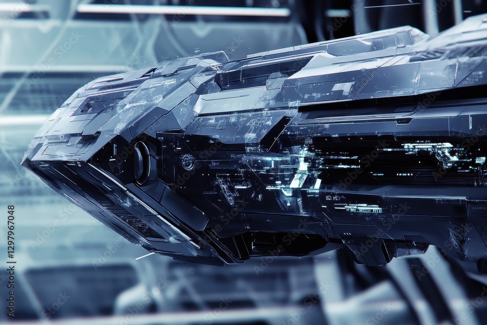 Poster futuristic spacecraft design showcasing intricate technology and bold engineering in a science ficti