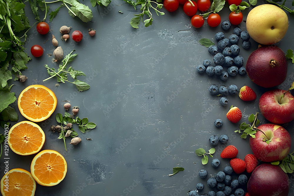 Poster top-down view of assorted fruits and vegetables on dark background creating a culinary composition