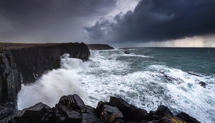 A dramatic stormy coastline with massive waves crashing against jagged black cliffs, creating a powerful, raw natural landscape.